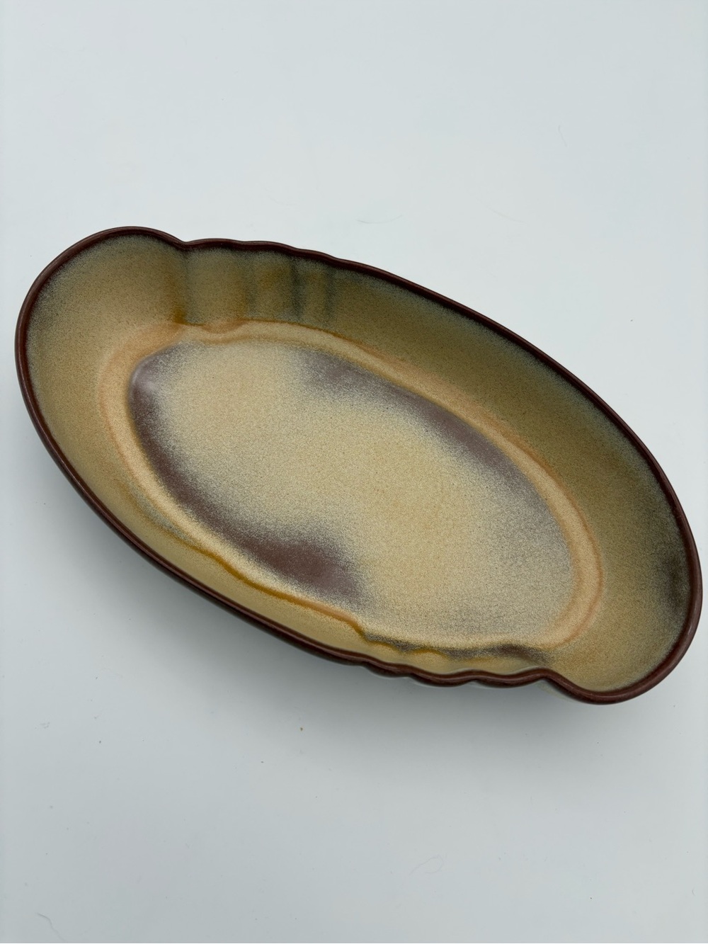 Frankoma 201 Desert Gold Plainsman Oval Serving Bowl Scalloped Handle 9 1/2"